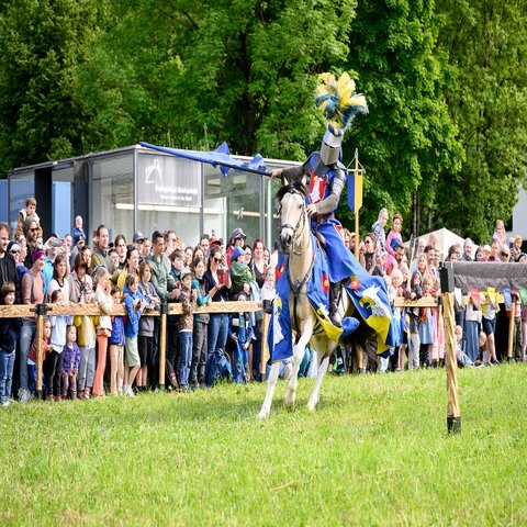 Ein Ritter auf seinem Pferd, das Publikum staunt