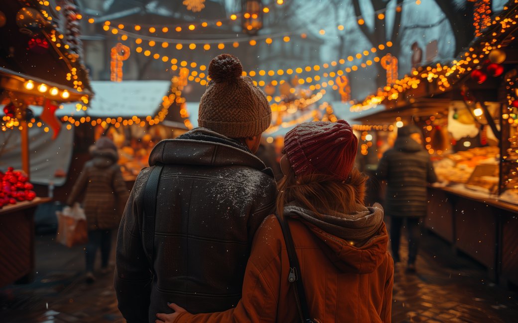 Ein Paar steht auf einem Weihnachtsmarkt, alles ist schön beleuchtet